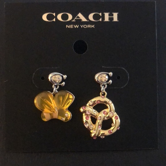 Coach Bumblebee & Pretzel Mismatch Drop Earrings With Signature C & Crystal NWT - Picture 7 of 13